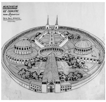 Paul Otlet, Bird's-eye view of the schematic plan of Mundaneum. 1935