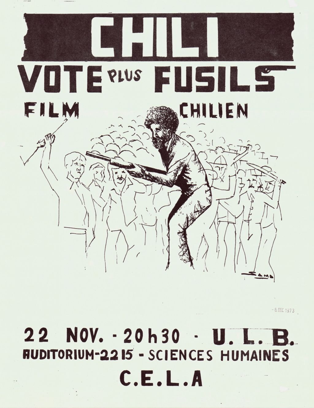 Affiche annonçant la projection du film Vote + fusils organisée par le C.E.L.A. à l’ULB.