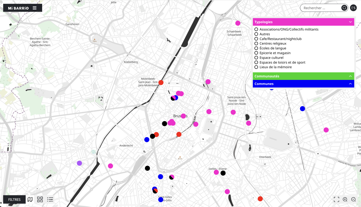 Capture d’écran de la cartographie collaborative, montrant le système de recherche des lieux emblématiques liés à l’exil latino-américain à Bruxelles.