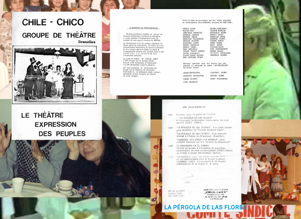 Planche du livre Chile Chico et le quartier Versailles ( incluant le programme du spectacle La Pergola de las Flores), conçue par Amina Saadi et collecte par Ema Tytgat, sur la base de l’inventaire collaboratif avec les habitant·e·s du quartier.