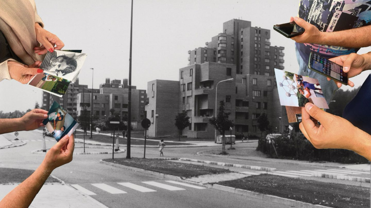 Montage sur archives illustrant le processus de recherche collaborative autour du quartier Versailles, avec vue sur la cité-parc.