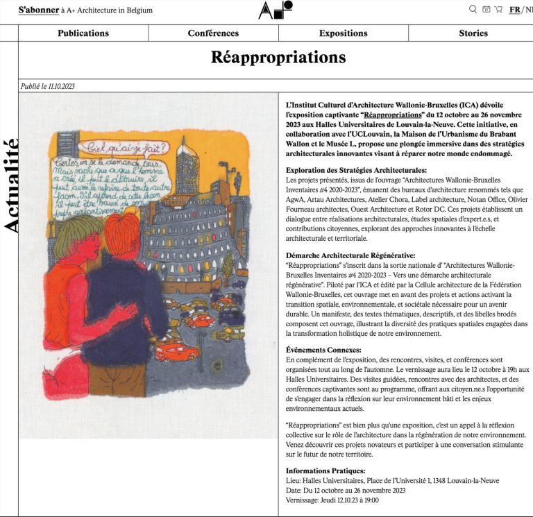 Réappropriations publiée sur le site de la revue A+ Architecture in Belgium